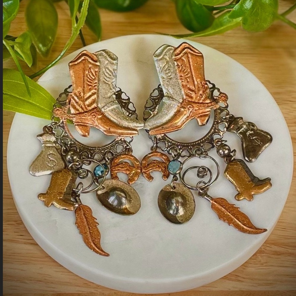 vintage huge cowgirl boot western wear mixed metals earrings